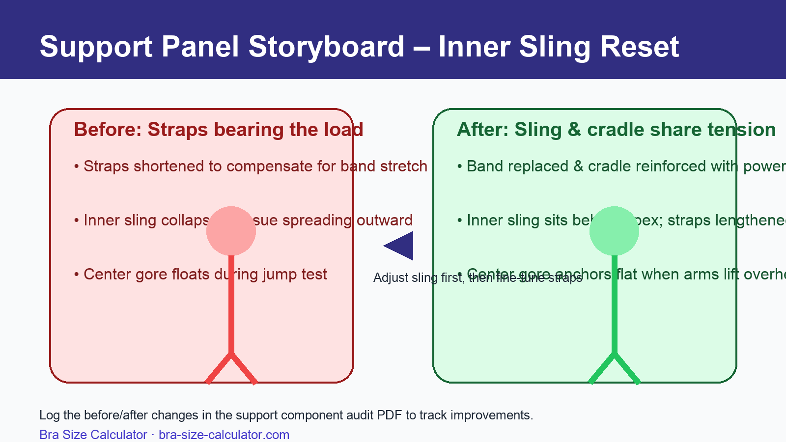 Storyboard showing before and after inner sling adjustments